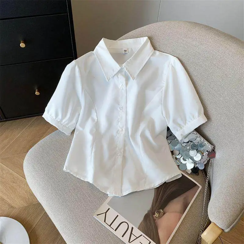 Slimming Short Sleeve White Shirt Women's Fashionable Waist-Cinching Summer Shirt V-neck Polyester Material Chinese Style