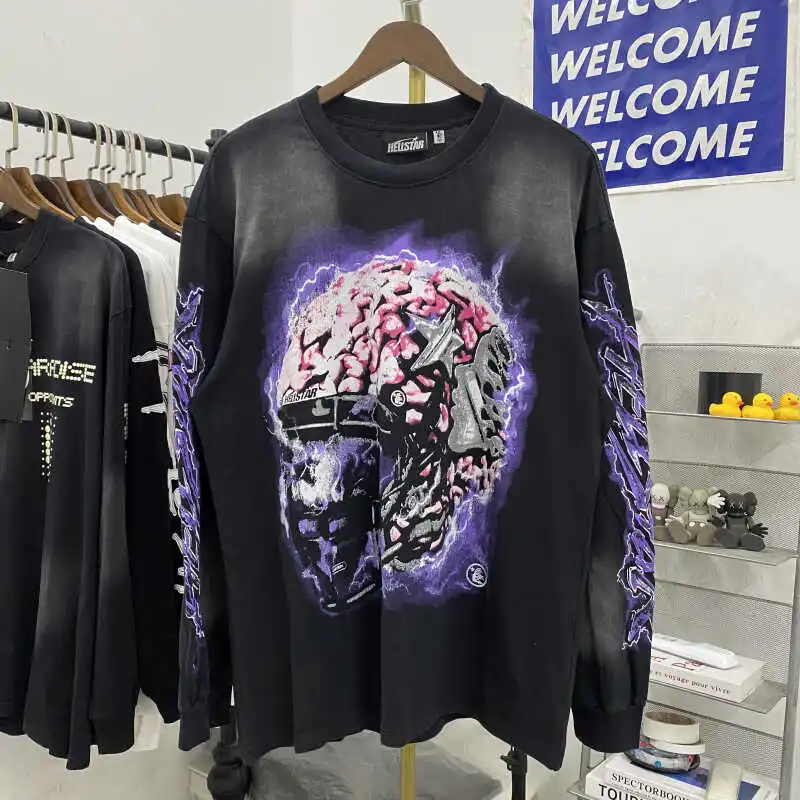 

Винтажная мужская футболка с длинным рукавом свободного кроя с принтом Hell Star Helmet, в американском уличном стиле, хип-хоп, повседневный топ