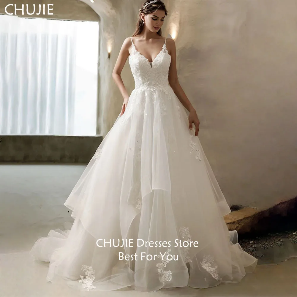

White Lace Appliques Bridal Gowns A Line Wedding Dresses Elegant Spaghetti Straps Woman Bride Dress Customized свадебное платье