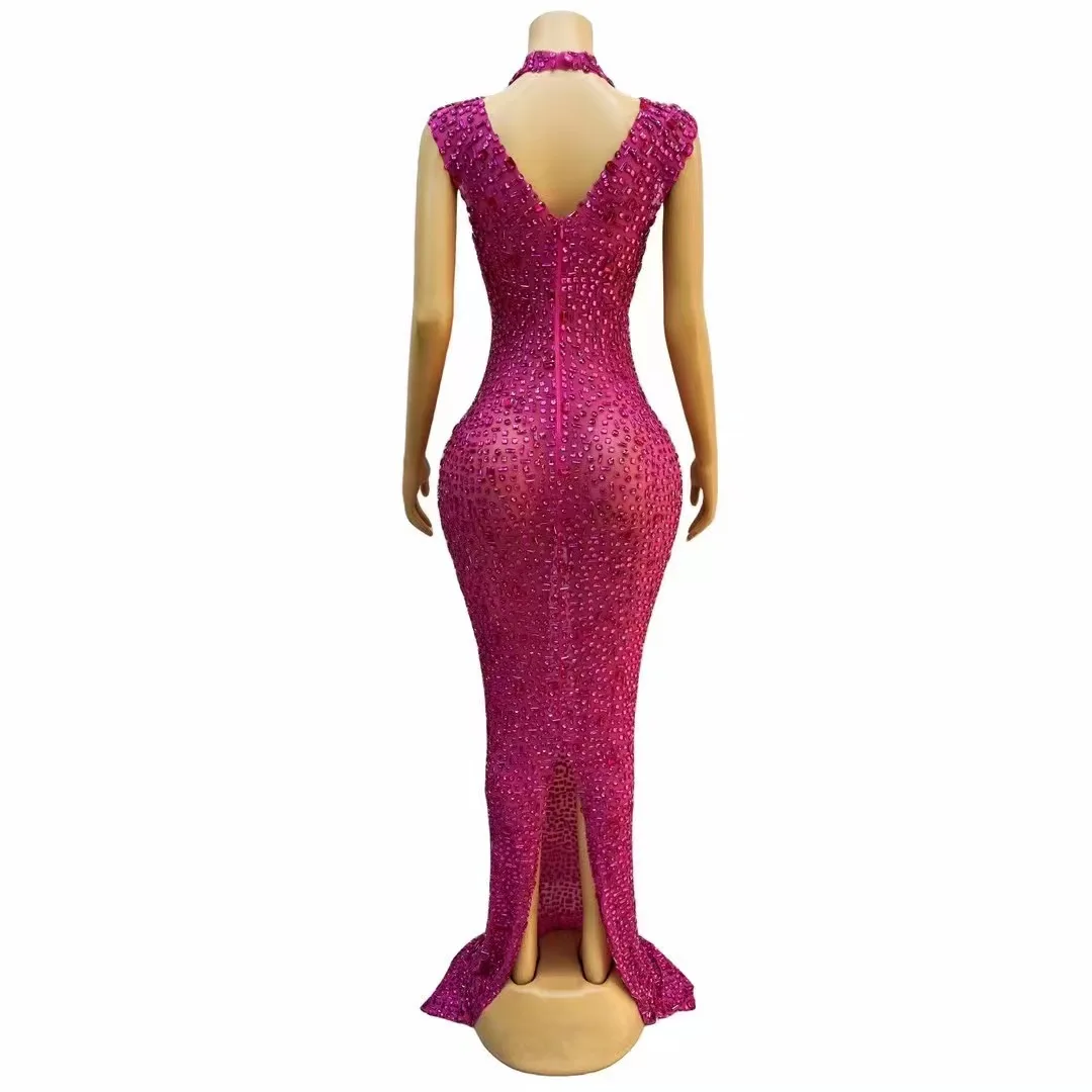 Sparkly Diamonds Sleeveless Stretch Long Dress for Women Sexy Mesh Celebrate Evening Prom Birthday Dress Photo Shoot Wear