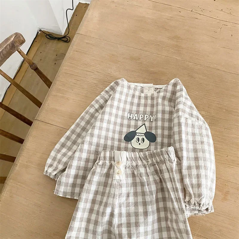 2022 New Baby Cotton Linen Clothes Set Plaid Cartoon Tops + Pants 2pcs Boy Girls Outfit