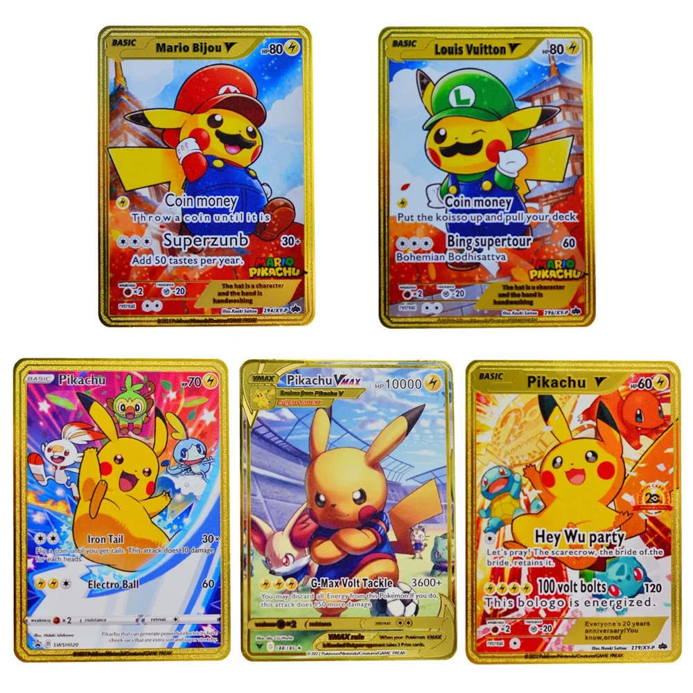 5Pcs 10000HP Metal Pokémon Letters Pokemon Card Charizard Vmax Pikachu Gengar Gold Iron Playing Cards Anime Game Toys Kids Gifts