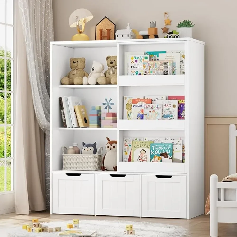 Toy Storage Organizer with Sliding Book Shelf, Toy Organizers and Storage, Playroom Organization and Storage Kids Bookshelf