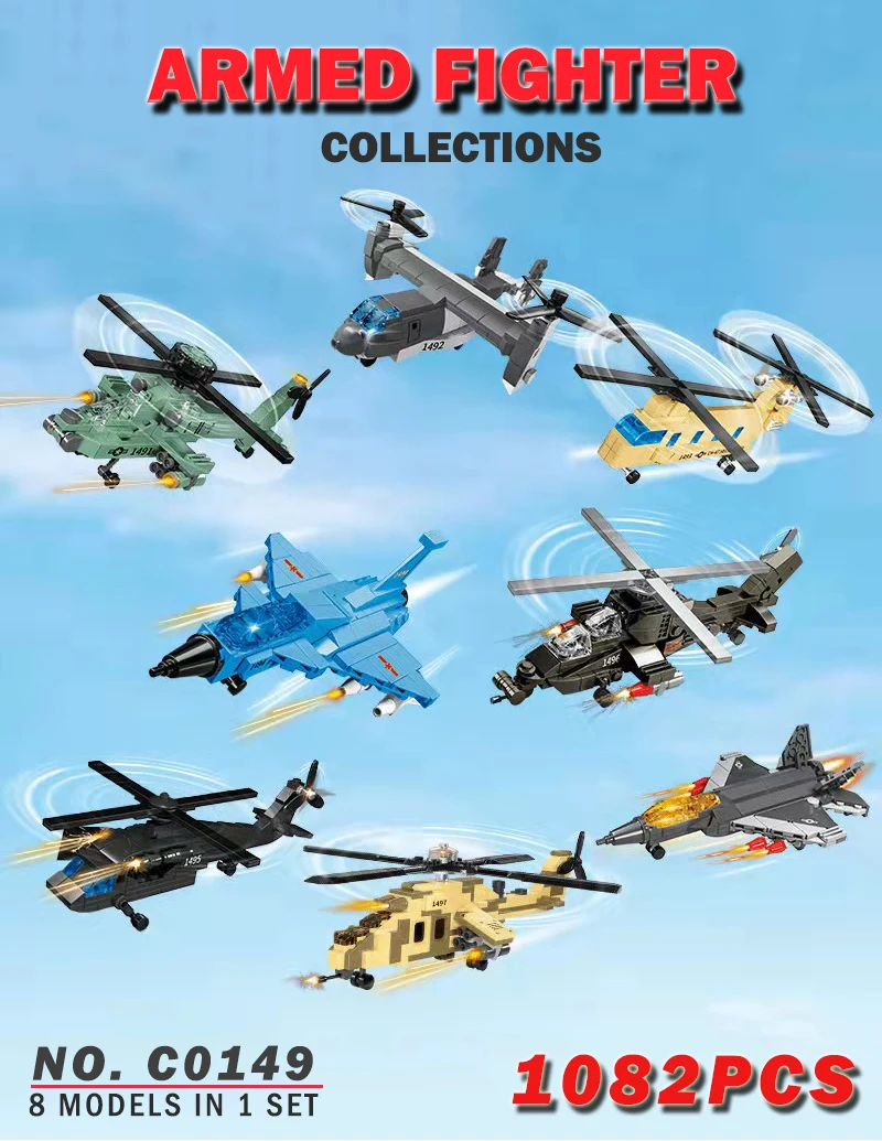 Military armed combat helicopter Building blocks  battle-plane Bricks model 1082pcs toys suitable for 4-10 years old