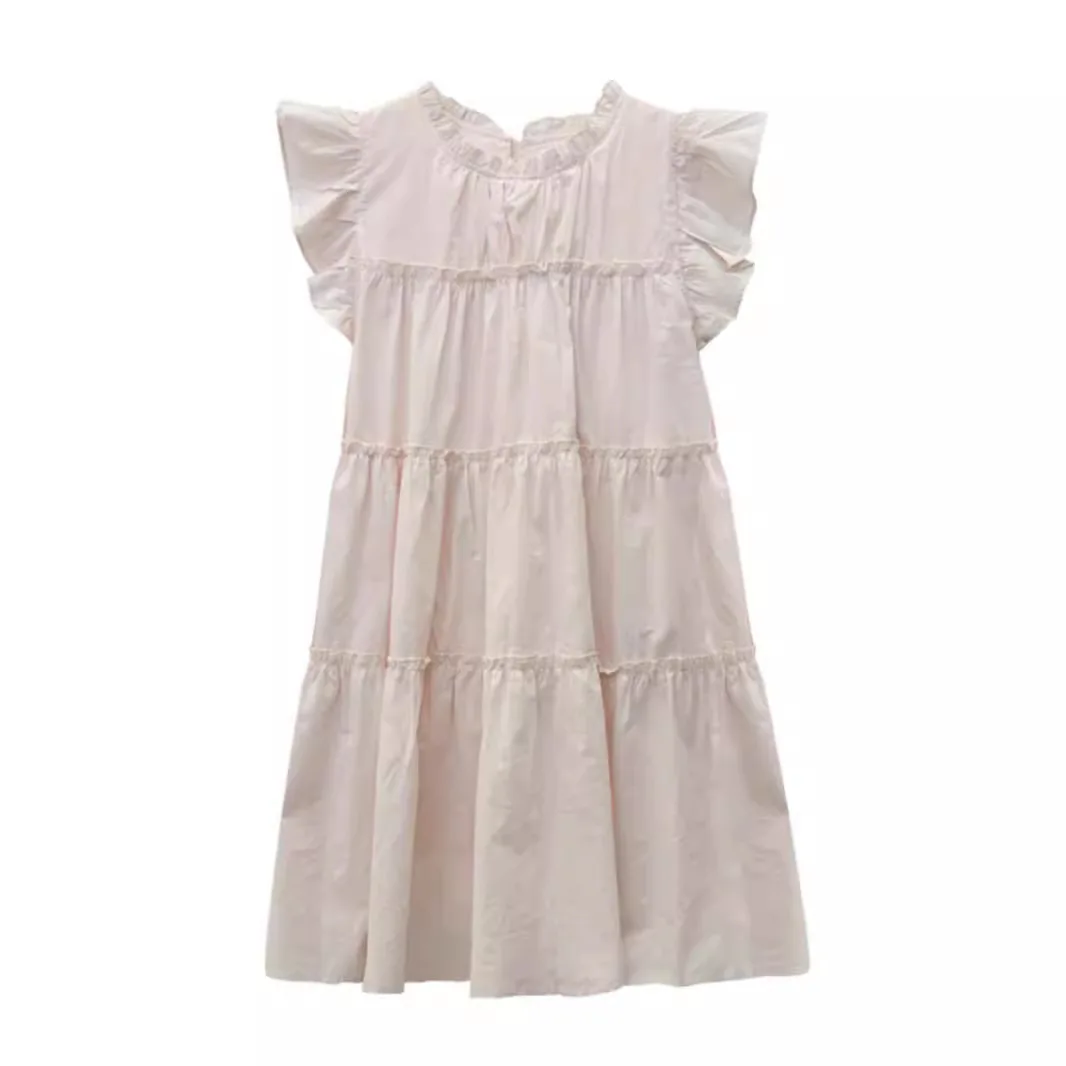 

Pink Flying Sleeve Dress For Women In Summer With Ruffled Edges, Loose And Age Reducing Doll Skirt