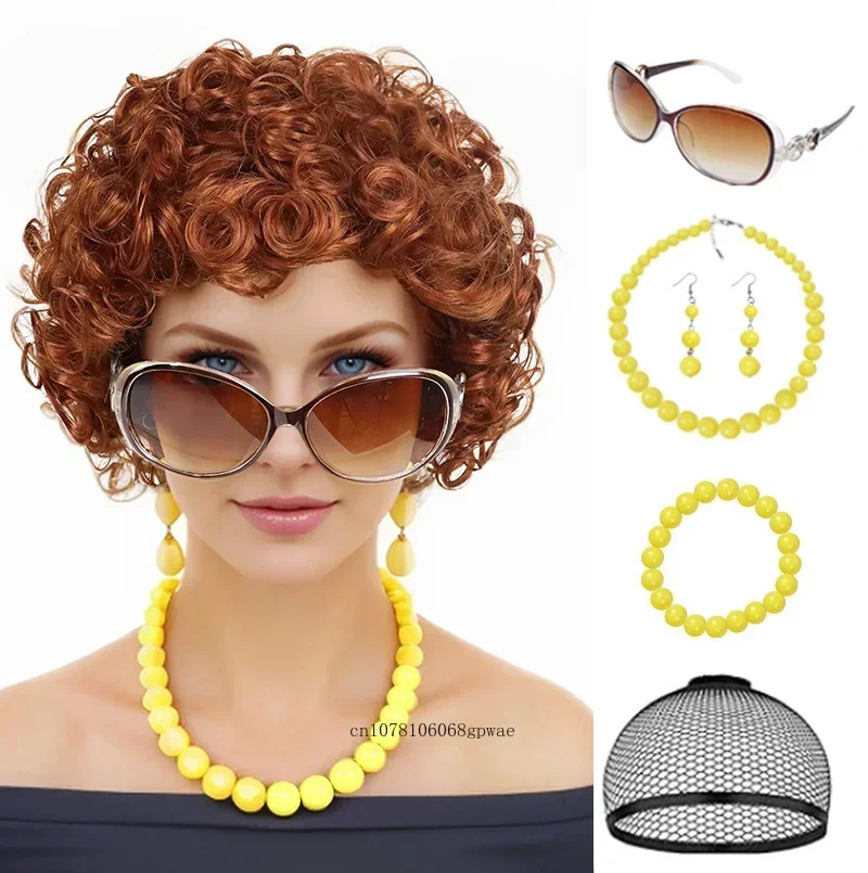 5 Pcs Synthetic Ginger Orange Short Afro Curly Wig with Accessories Fluffy Copper Wigs for Women Cosplay Costume Anime Halloween
