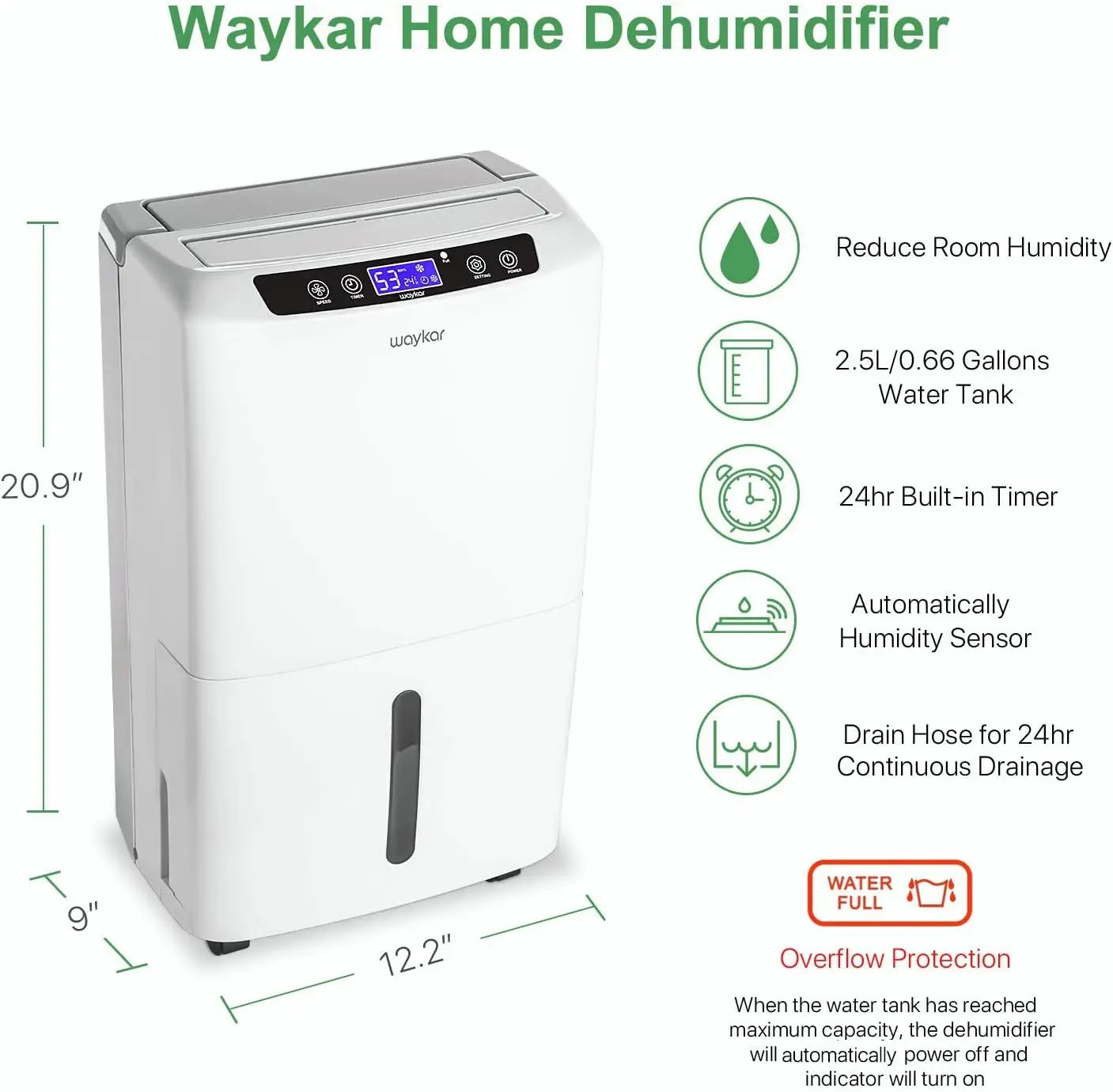 Waykar 2000 Sq. Desumidificador home para porões, com auto ou drenagem manual, capacidade do tanque de água de 0,66 galões, ft