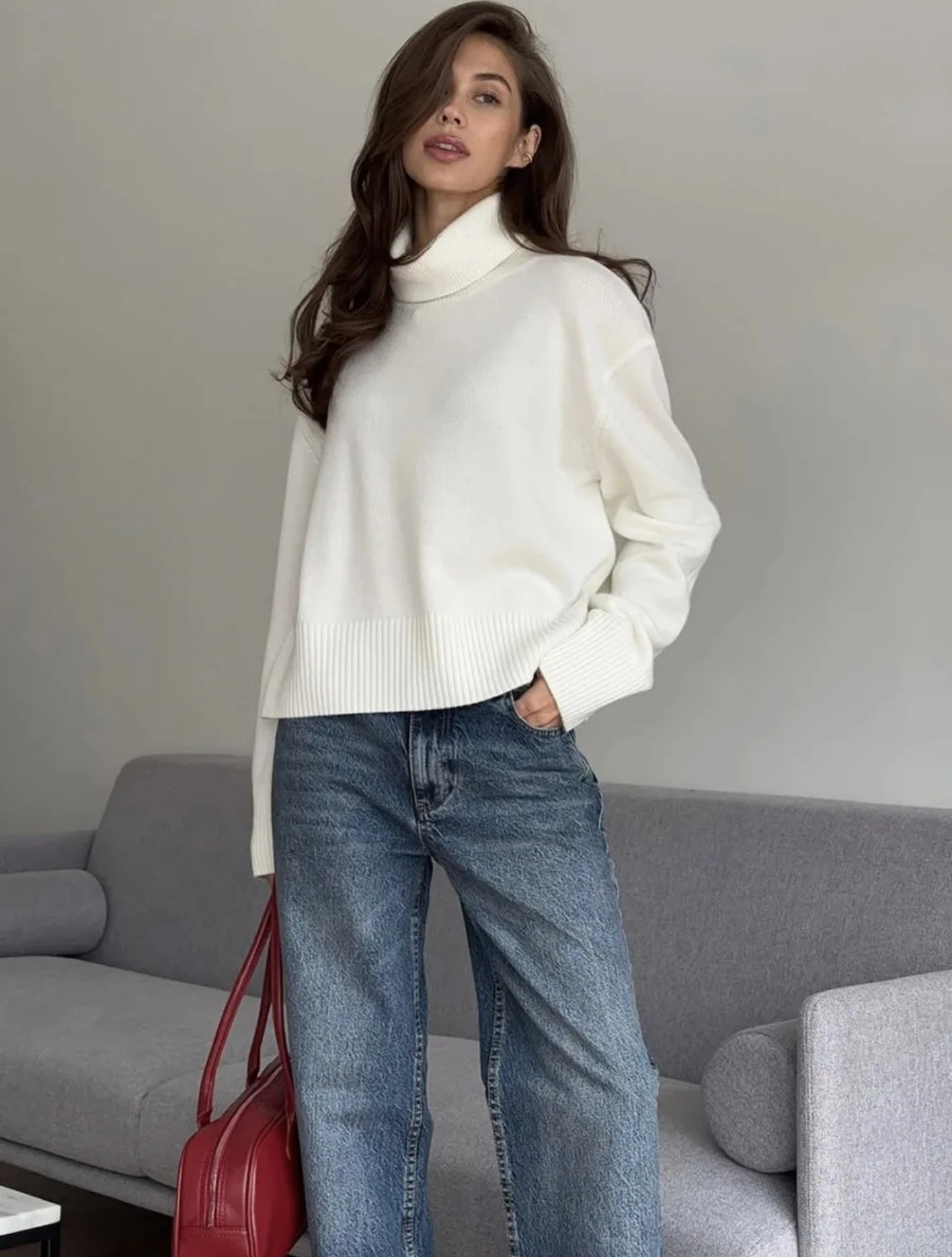 Loose Fit Warm Knit Fashion Casual Jumpers Autumn Winter Solid Color Comfortable Short Turtleneck Sweater