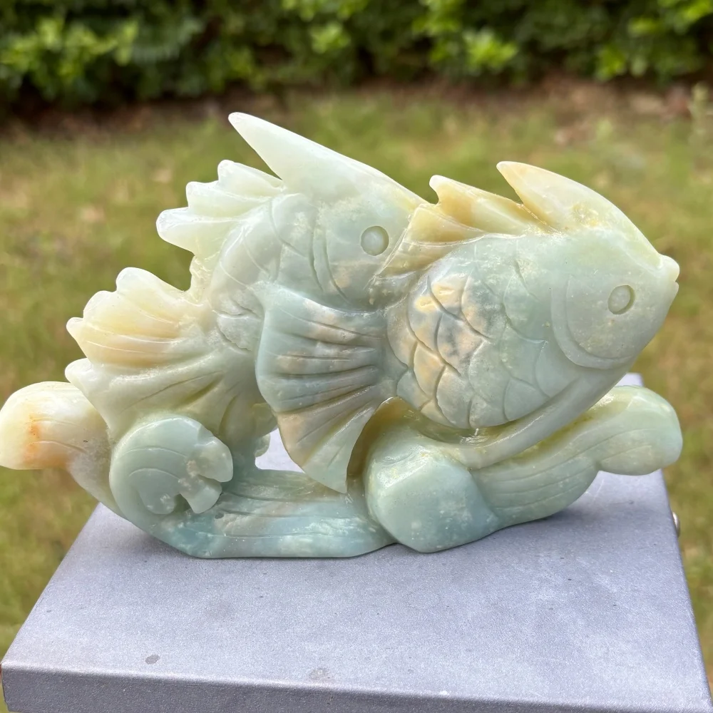 492g Natural Amazonite Hand Carved Twin Fish Wave Sculpture, Crystal Fish Statue, Home Desktop Decor, Healing Collectible Gift