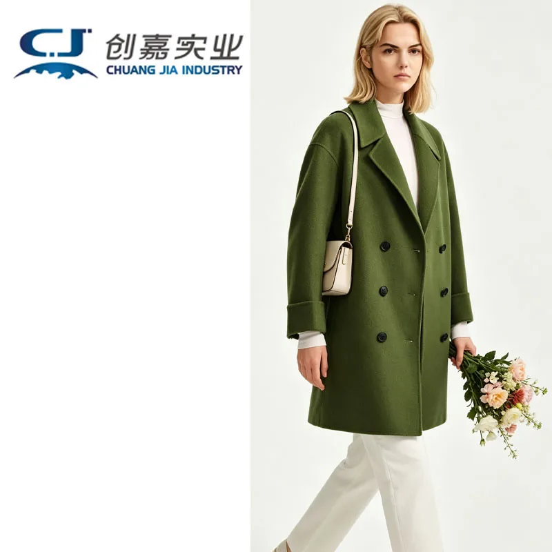 

High-end Sheep Wool Women's Autumn Winter Coat Green Double-breasted Lace-up Mid-length Coat Temperament Elegant Generous Casual