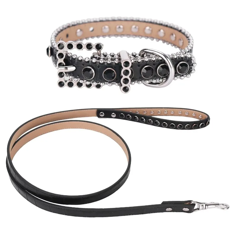 Western Rhinestone Dog Collar and Leash Set Sparkle Pet Cat Leather Belt Collar With Leash