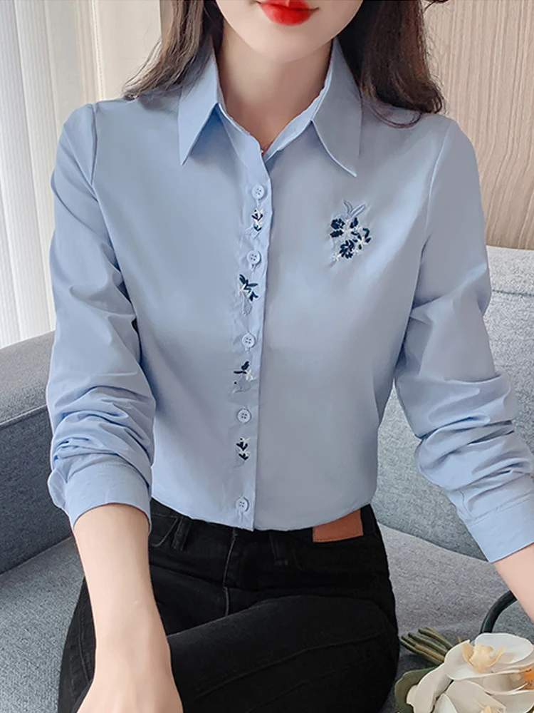 

Ele Long Sve Cotton irt Women's Embroidered Single Button Spring 2026 Faionable Versatile Ladies' Ne Top