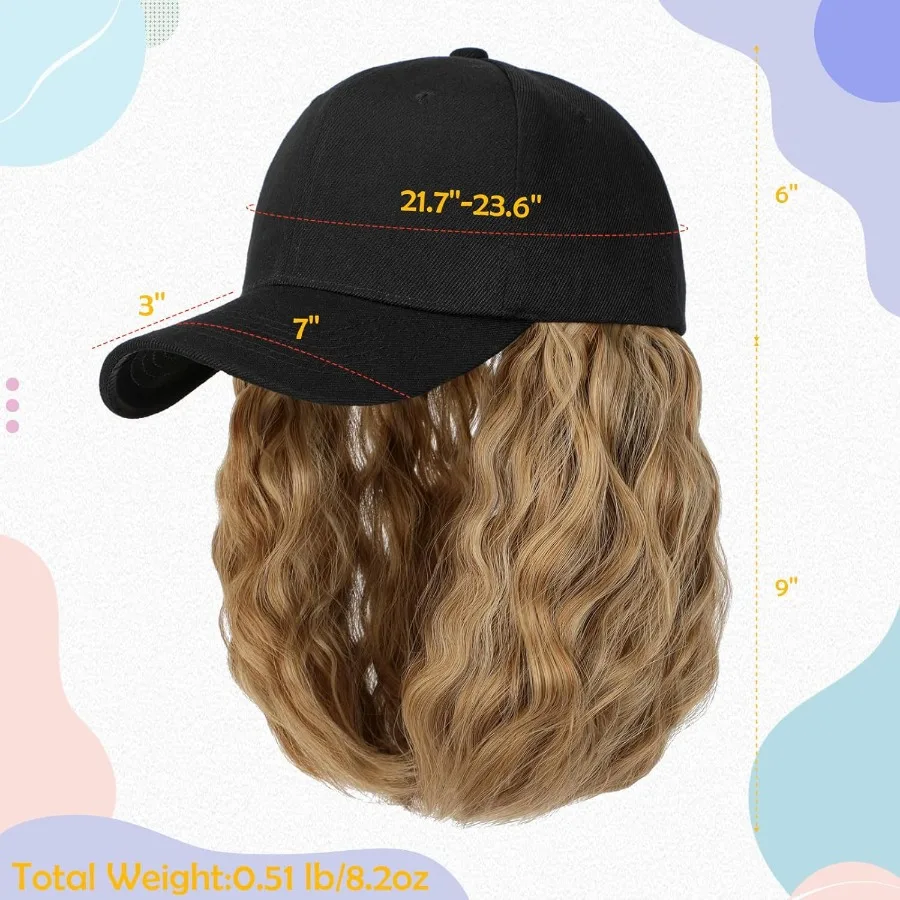 قبعة بيسبول شعر مستعار مع شعر مرفق 16 بوصة قبعة سوداء قابلة للتعديل تتميز وصلات شعر بوب صناعية مموجة ومجعدة للنساء