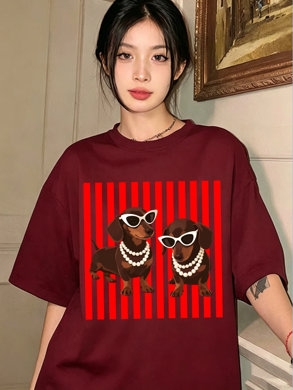 Pearl Dachshund Hundemotiv T-Shirts Baumwolle Damen Sommer Kurzarm T-Shirt Lässige Weiche Oversized Tops Basic O-Ausschnitt Kleidung – Detail 24