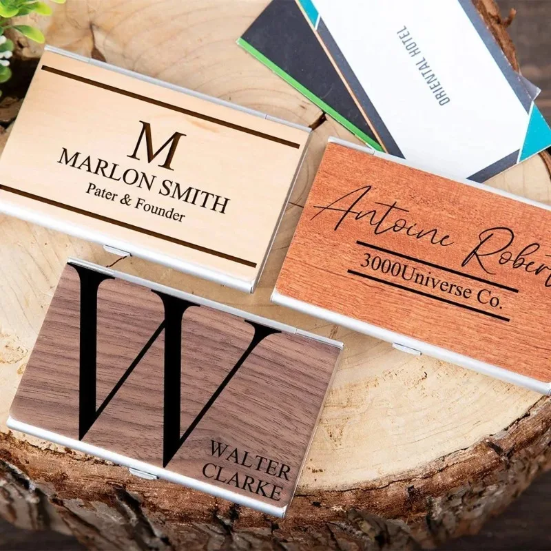 

Custom LOGO Stainless Steel or Aluminum Metal Wooden Business Cardcase Laser Walnut Wood Clip Personalize Company Name Card Box