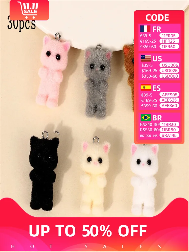 

30pcs Cute Flocking resin Cat Charms Cartoon Plush Animal Doll Pendant for make DIY Jewelry Keychain Necklace Earring fittings