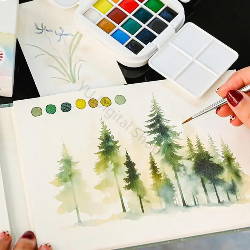 96BA 16-Farben-Reise-Aquarellpalette mit Mischschale und Pinsel für Kunstmalerei – Detail 3