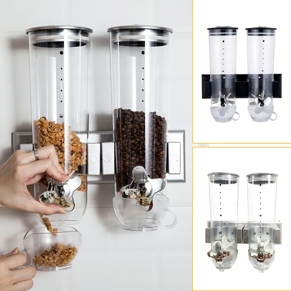 

Silver Wall-Mounted Double Bin Grain Dispenser with Cups - 101oz Capacity, Abs Plastic for Kitchen and Pantry Organization