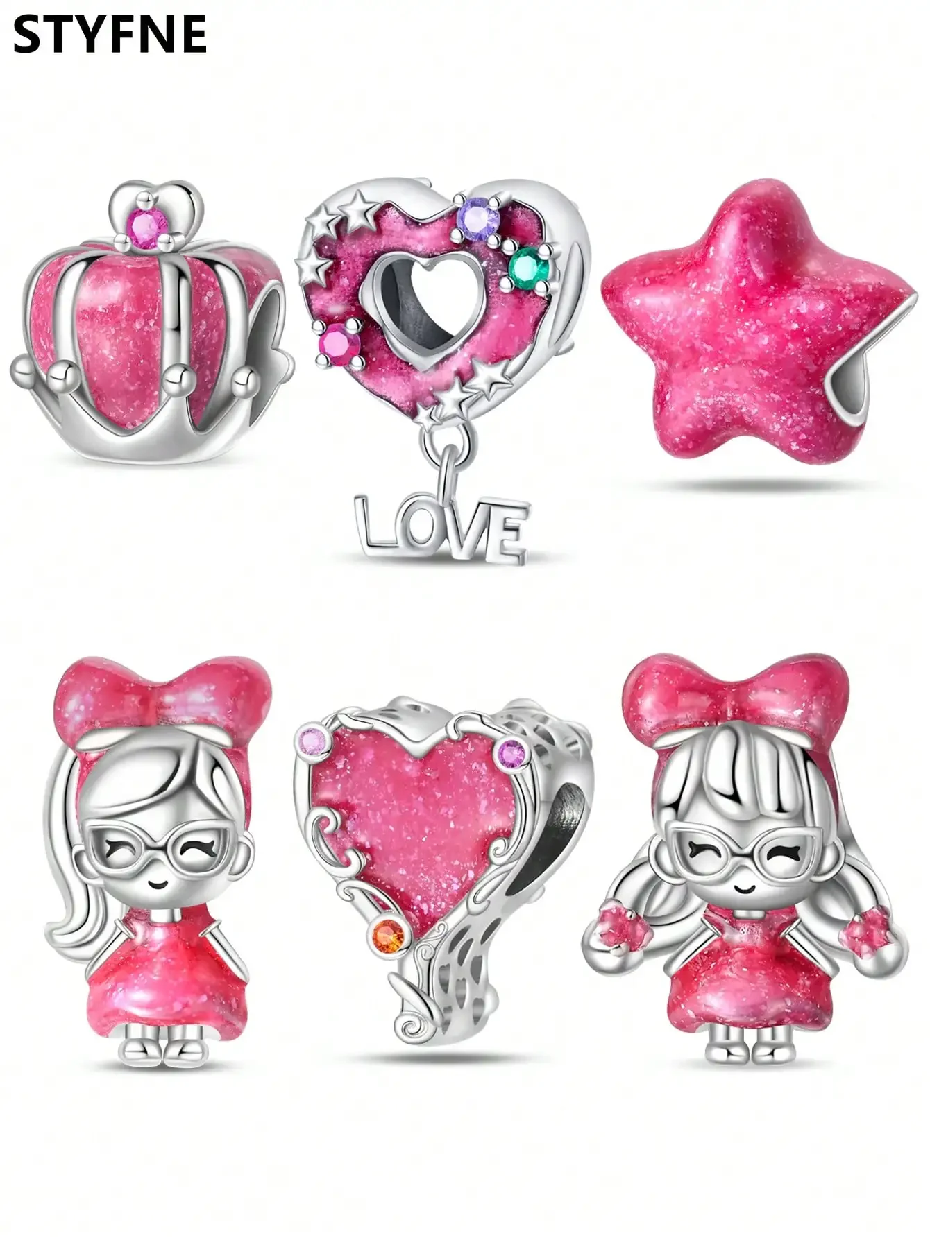 925er Silber vergoldete Original-Charms, rosa Schleife, Herzperlen, passend für Armbänder, Damenschmuck, Geschenk