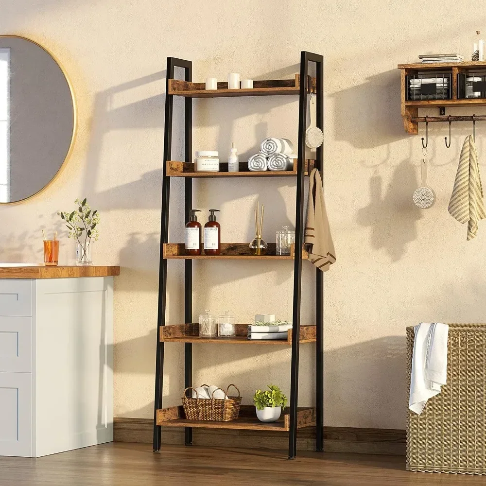 5 Tier Ladder Bookshelf with 3 Hooks, Industrial Bookcases, Freestanding Display Plant Shelves with Metal Frame for Living Room