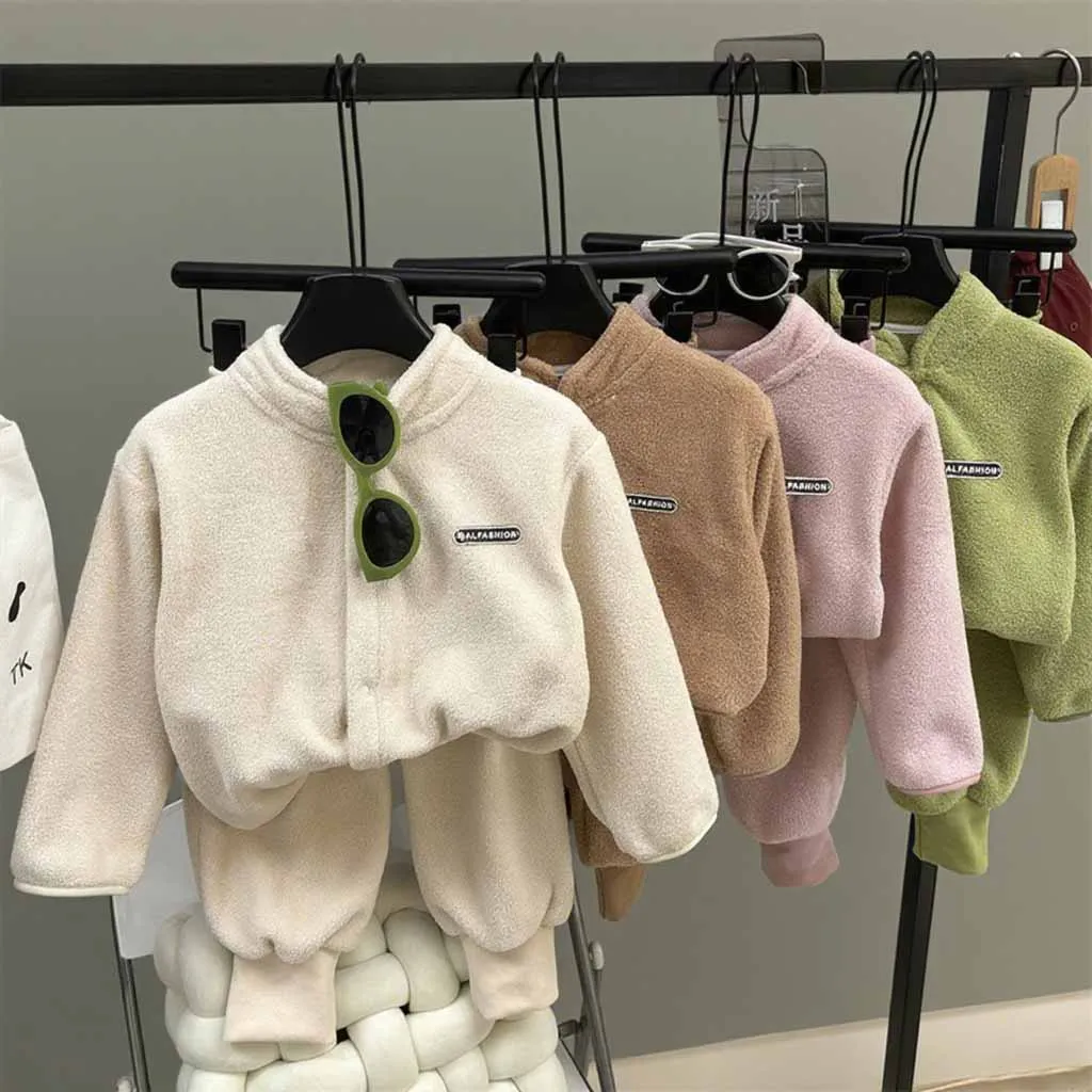 Kinder Fleece Sets Winter Verdickt Anzug Mädchen Doppelseitige Plüsch Outfits Jungen Mantel Hosen 2Pcs Herbst Warme Kinder der Kleidung