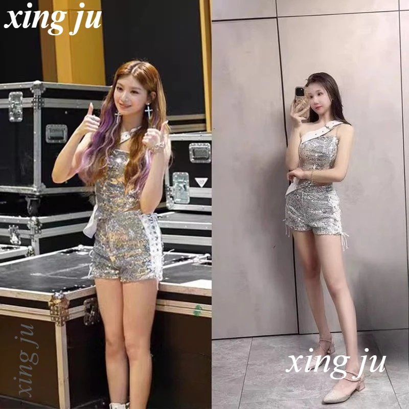 K팝 한국 여성 그룹 의상 섹시 스팽글 홀터 크롭탑 타이트 반바지 슬림 팬츠 여성 재즈 댄스 공연 무대 의상