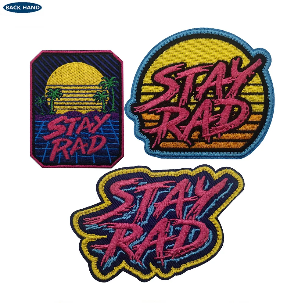 Stay Rad Seaside Scenery Beach Embroidery Patches Sun Rise Coconut Tactical Armband Badge Cloth Sticker for Clothing Bag