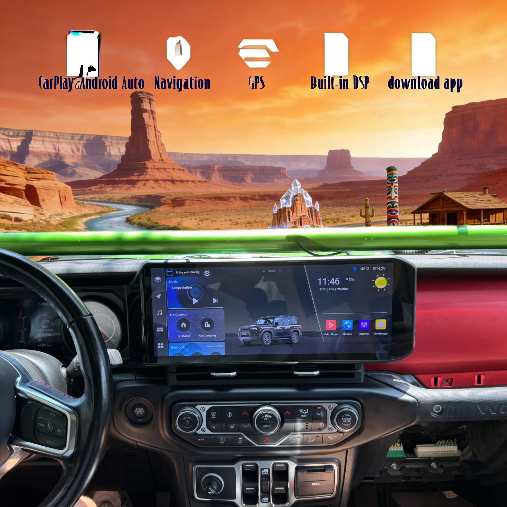 

12.3-дюймовый автомобильный радиоприемник с CarPlay и Android 14 для Jeep Wrangler 2018-2022 годов, мультимедийный стереоплеер с GPS и экраном
