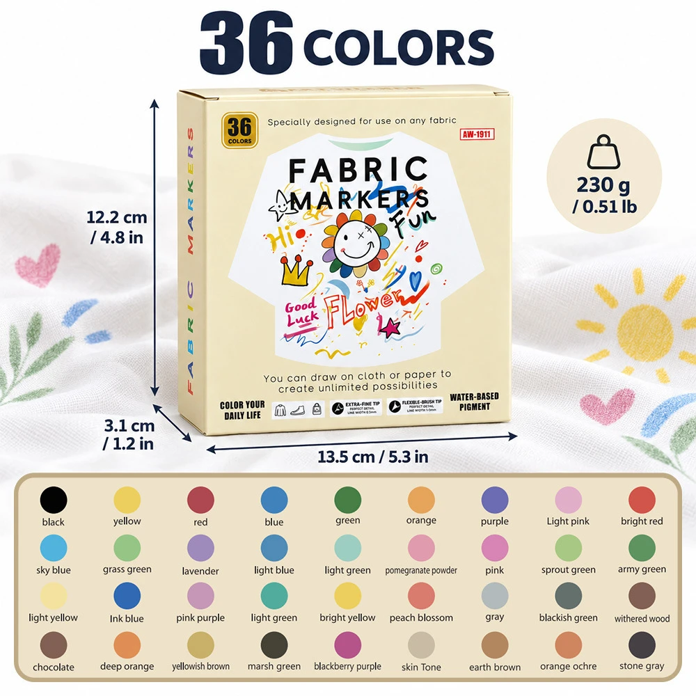Textielstiften (set van 6-48 kleuren) met katoenen punt – voor kleding, schoenen en canvas – geschikt voor DIY-knutselprojecten, schilderen en permanente textielkunst.