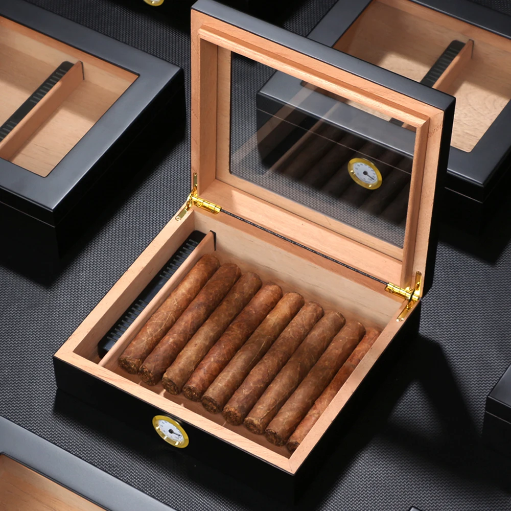 Caja de humidificador de cigarros de madera de cedro, estuche de viaje portátil para cigarros con humidificador, higrómetro, humidificador de