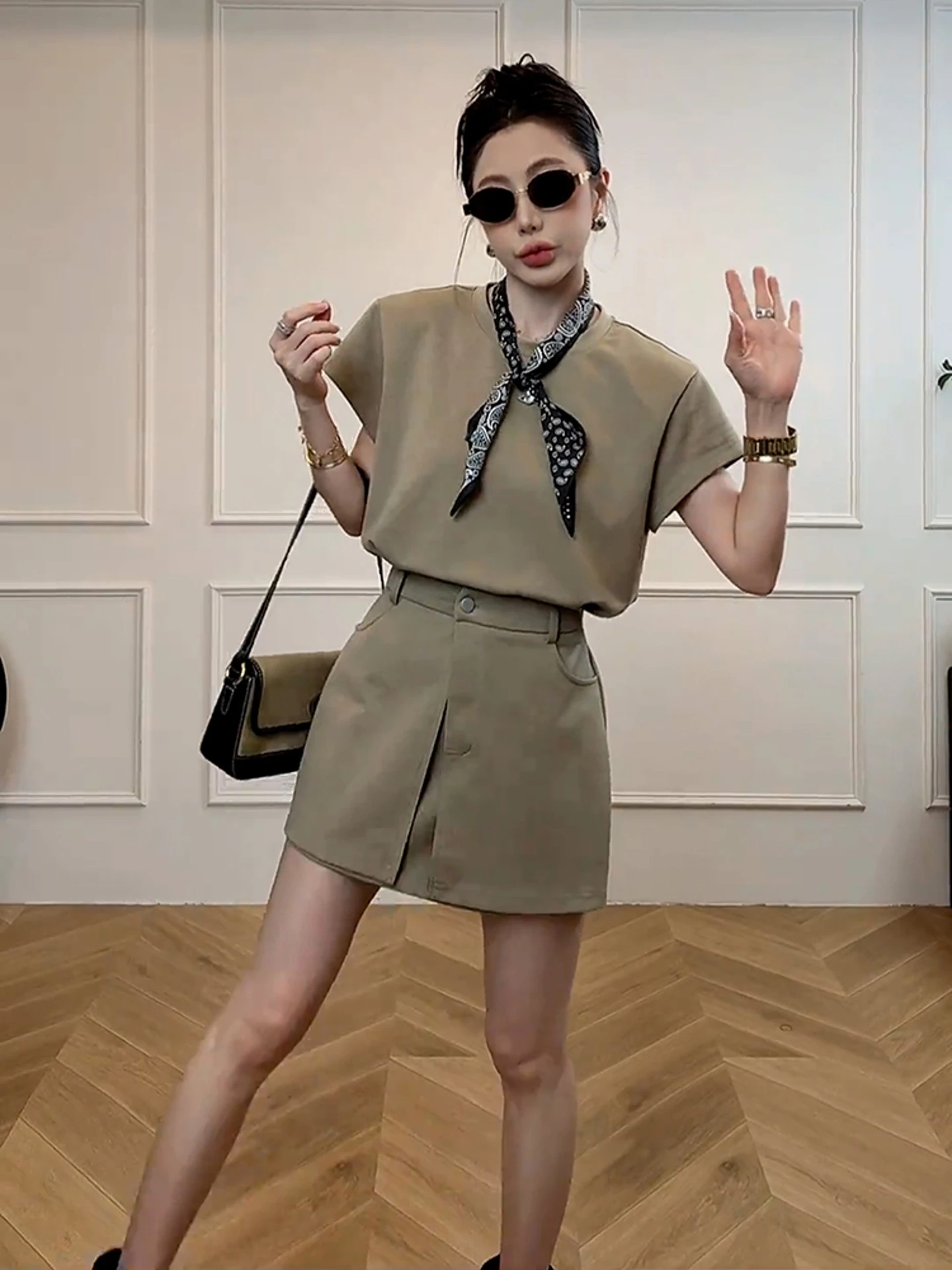 T-shirt Chic couleur kaki pour femmes, ensemble Dr, jupe trapèze taille haute, ort Sve, rond Ne Ci, adapté aux déplacements