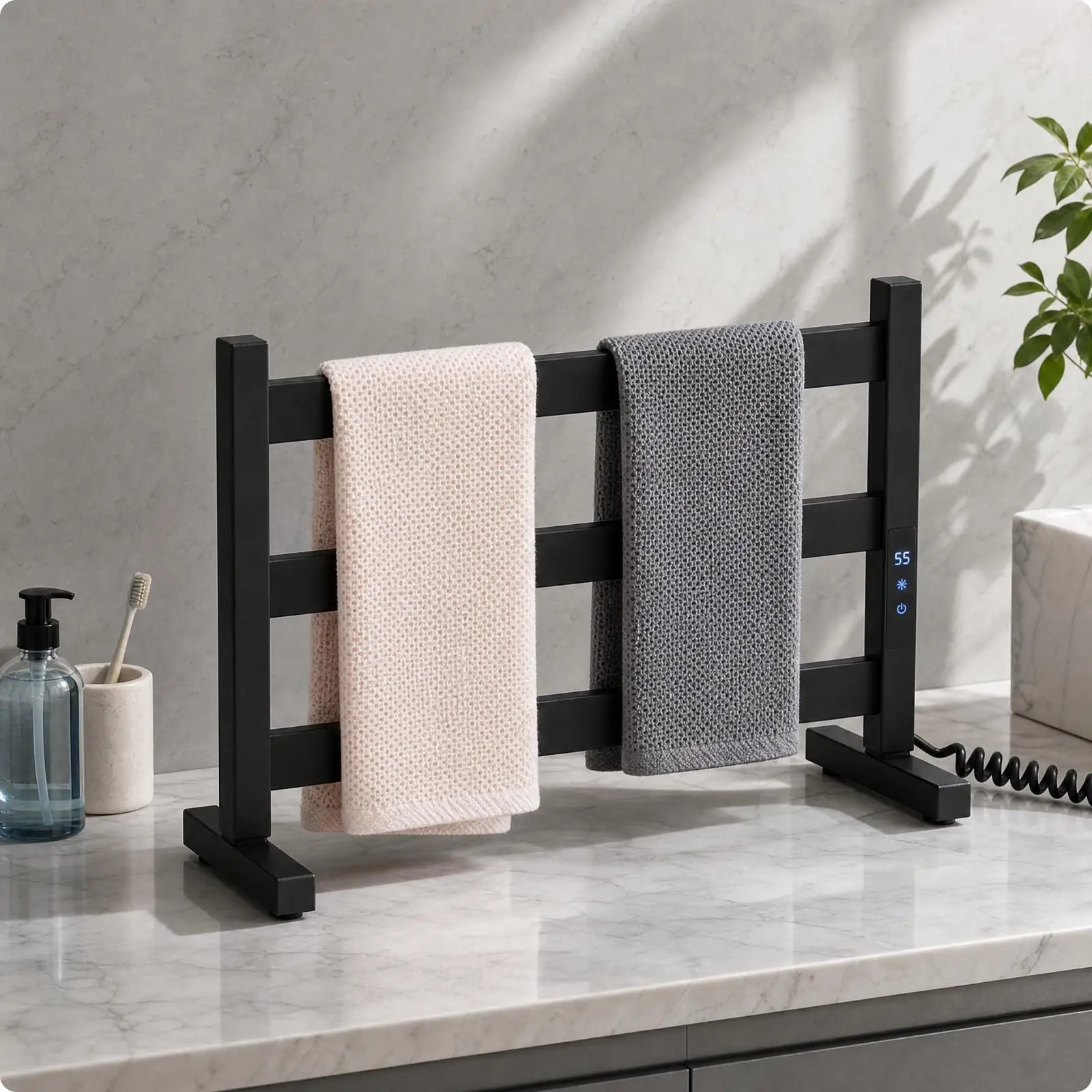 Countertop Heated Towel Drying Rack Stainless Steel Electric Warmer Freestanding Three Rod Design for Bathroom Kitchen Cloth