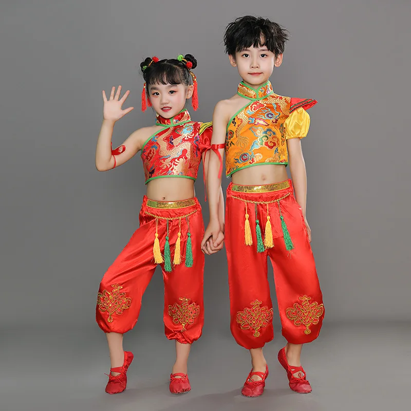 Children's festive Chinese style drum performance costumes, opening red ethnic dance costumes, male and female waist drum yangko