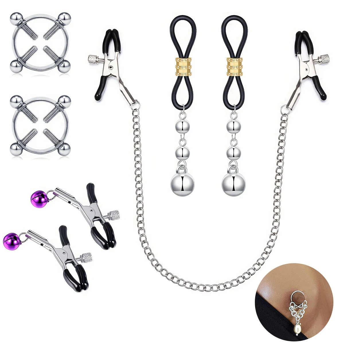 Men's Stainless Steel Fake Nipple Ring, Flower Bell Pendant Ball Chain Decor Fake Nipple Ring, Non-Piercing Body Jewelry 1set