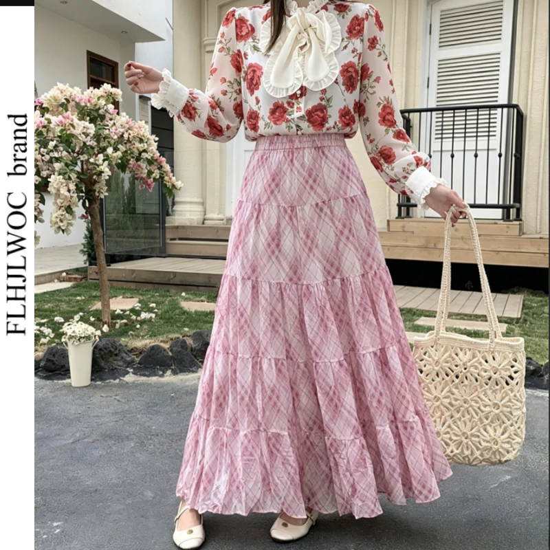 Summer Pastoral Chiffon Skirt Multi-Layer Pink Romantic Cute Sweet Girls Holiday Vacation Swing Long Maxi Skirt for Women
