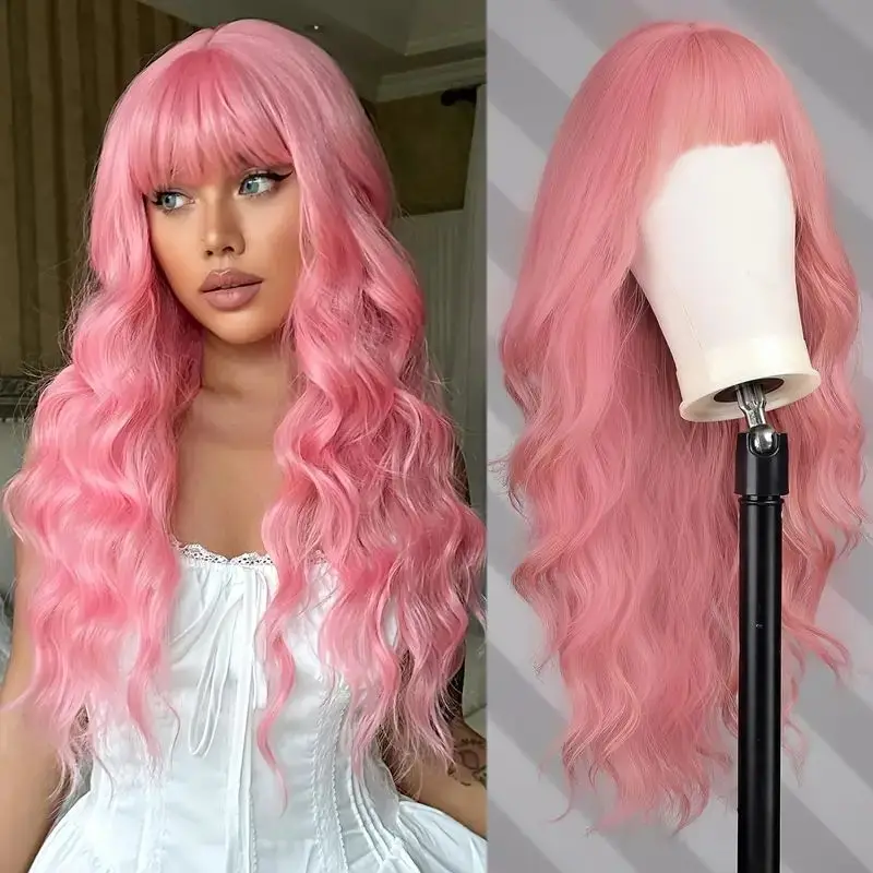 

New Fashion Pink Synthetic Wig With Bangs, Long Curly Hair, Women's Party Daily Use Wig, High-Temperature Silk Full Head Cover