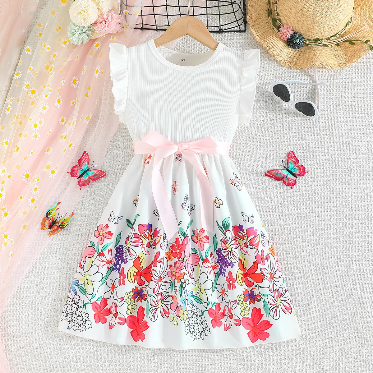 Summer Girls Floral Dresses New Fashion Sweet Kids Ruffle Sleevele Flowers Patchwork Dress Vestidos Children Clothing With Belt