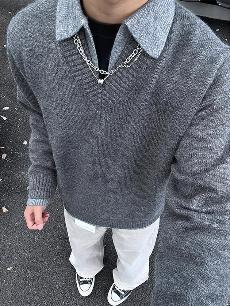

Cleanfit Lazy Sle Knitted Long Sve irt Men Women Autumn Clothes Sweatirt Plaet Collar Fake Two-Piece Design