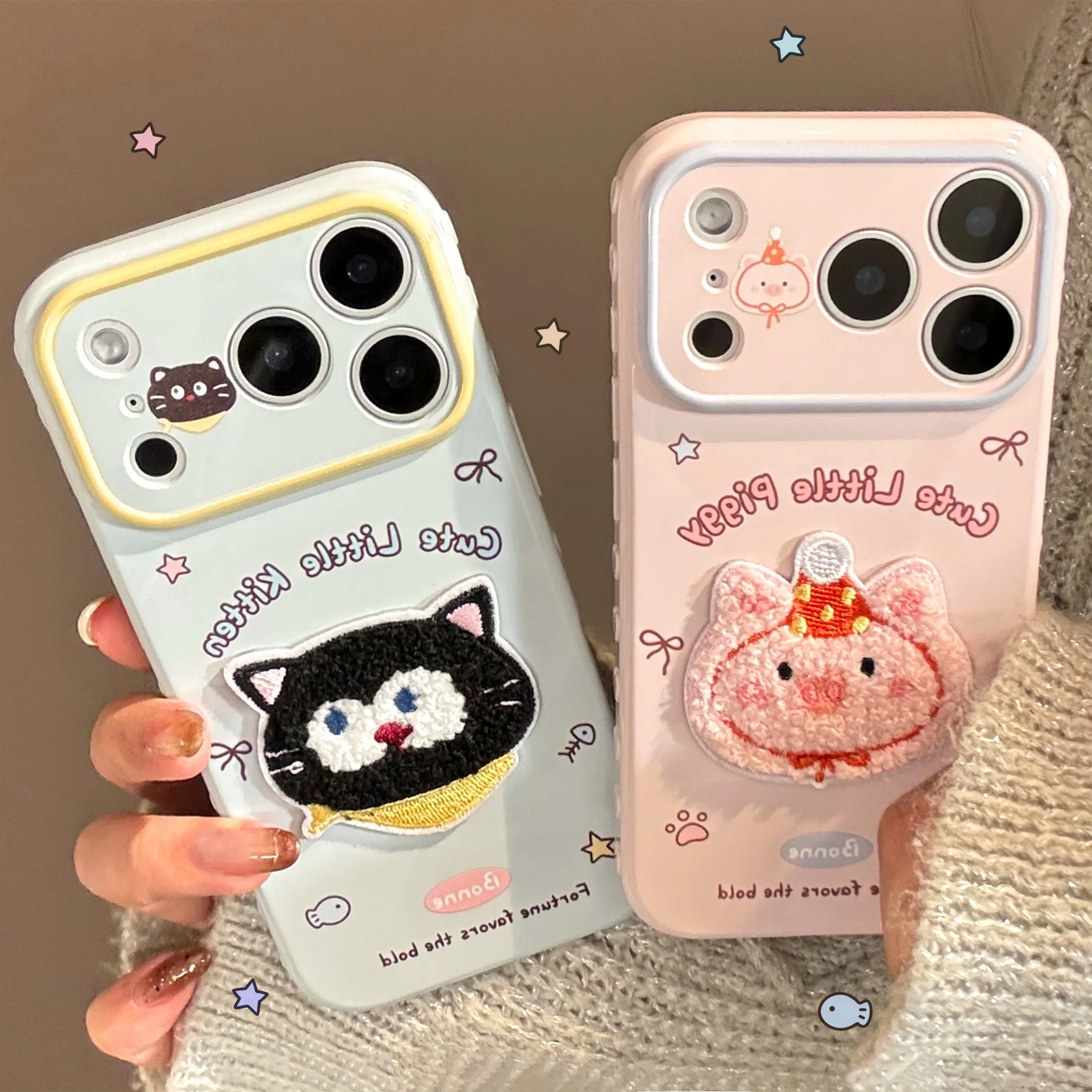 Koreanische Cartoon Stickerei Katze Schwein Tiere Plüsch Paar Telefon Fall Für iPhone 17 16 15 14 13 Pro Max stoßfest Schutzhülle