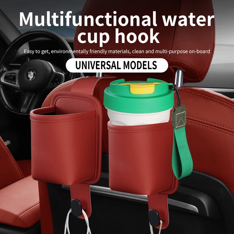 Gancho para colocar en el respaldo del asiento del coche, portavasos, bolsa de almacenamiento para el asiento trasero, fabricada en cuero sintético, accesorio interior multifuncional para sujetar botellas de bebidas.