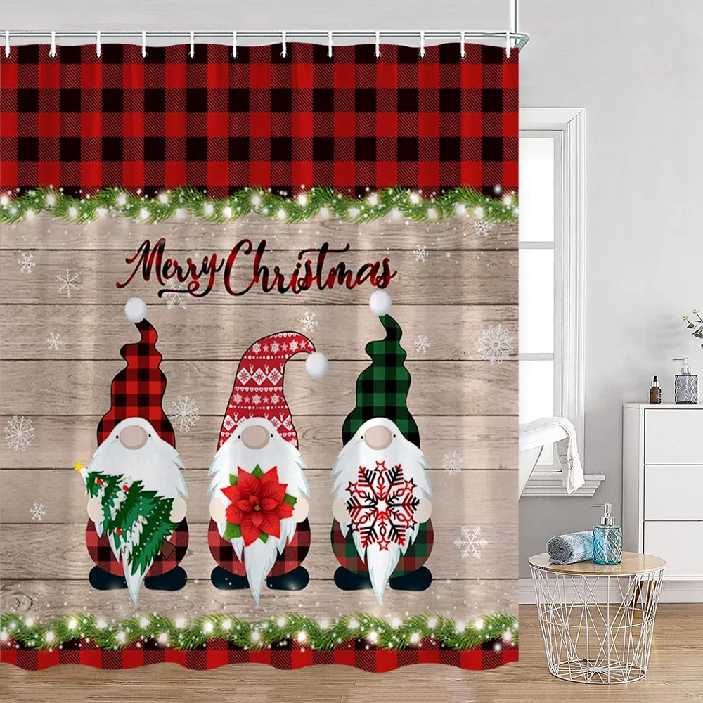

Winter Elf Merry Christmas Shower Curtain Grey Pine Tree Red Xmas Balls Gift Happy New Year Bathtub Decor Christmas Bath Curtain