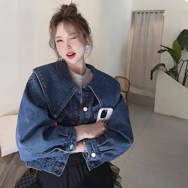 

Female Long Sleeves Loose Jeans Coat Spring Autumn Ladies Baby Collar Cowboy Jacket European Women Fashion Casual Denim Outwear