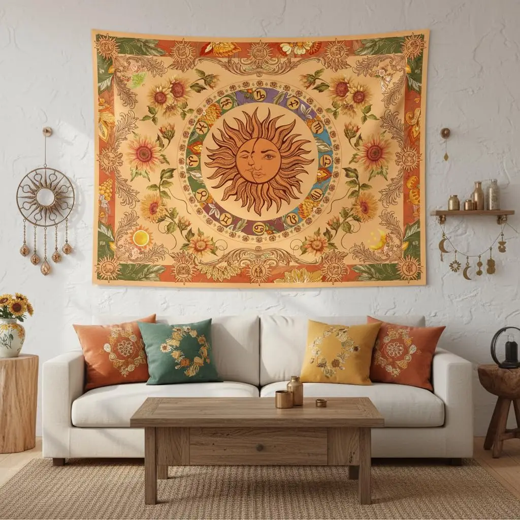 1PC Boho Sun Moon Floral Orange Print Tapestry, Boho Style, Bedroom Living Room Kitchen Wall Hanging, Polyester, Wall Art