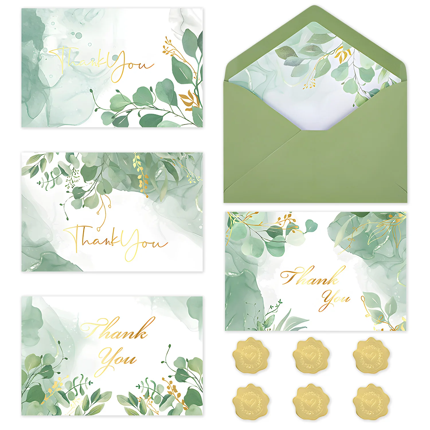 

8 Pack/32 Pcs Gold Thank You Cards with Envelopes Eucalyptus Design Blank All Occasion Wedding Baby Shower Thank You Notes