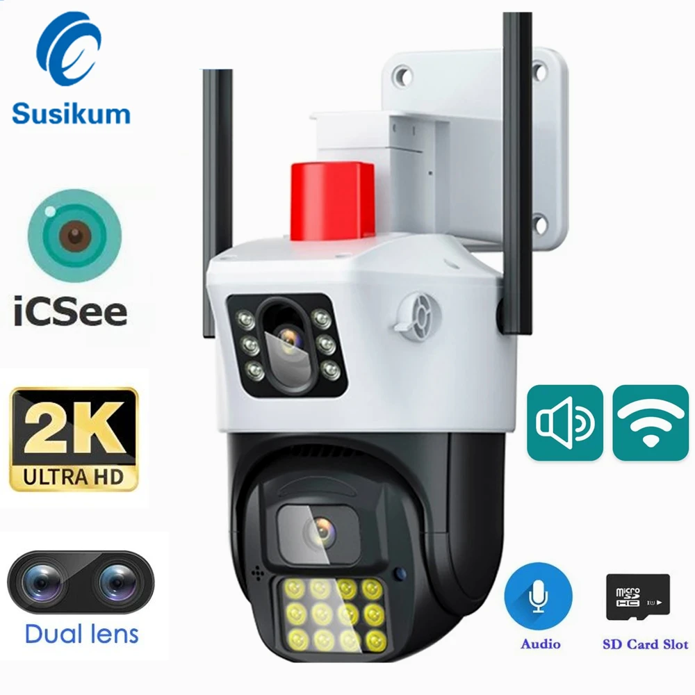 4MP ICSee Outdoor Dual Lens Security WIFI Camera Color Night Vision Waterproof Smart Home Wireless CCTV Camera