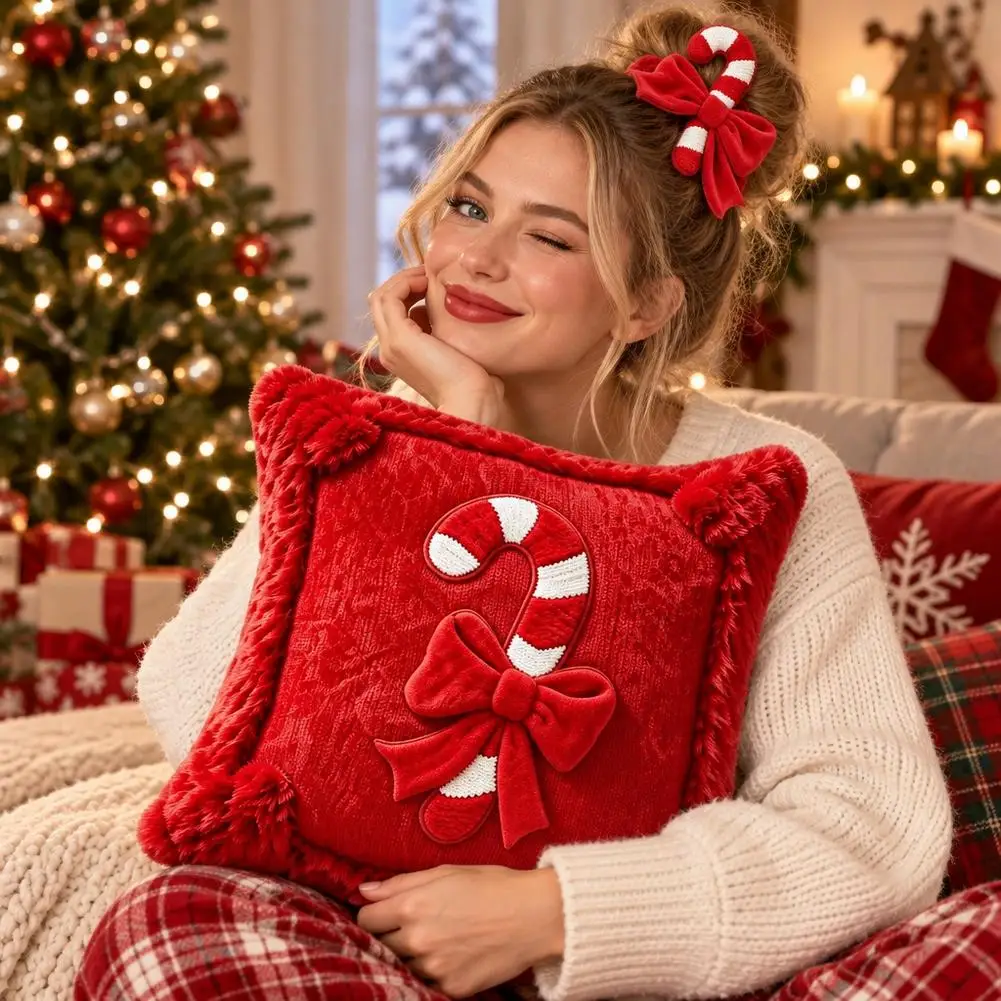 Christmas Pillow Covers Set  18x18 Faux Fur 3D Embroidered Candy Cane  Soft Plush Throw Cushion Case, Bedroom Living Room Decor