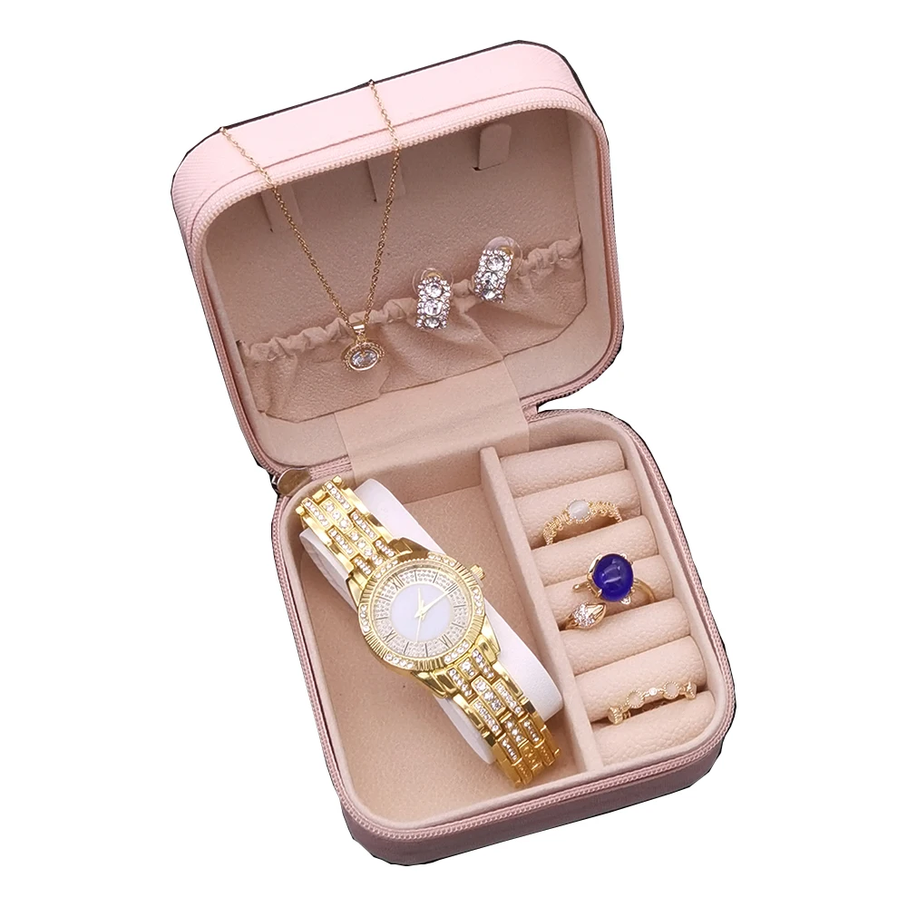 6Pcs Women Watches Jewelry Set Fashion Gold Watch Bracelet  Ladies Wristwatches Stainless Steel Female Quartz Watch With Box