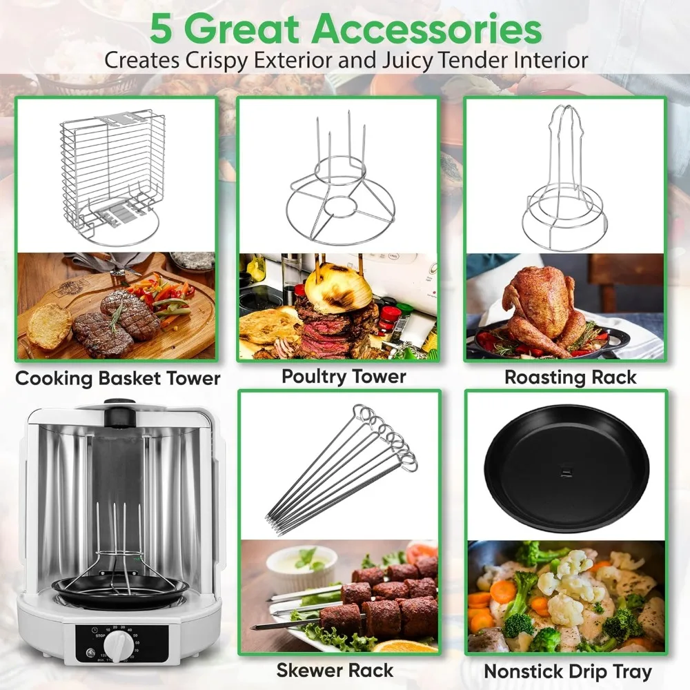 Vertical Rotisserie Oven Roaster - Rotating Shawarma/Kebab Machine with Skewer and Rack, Basket Tower, Roasting Rack