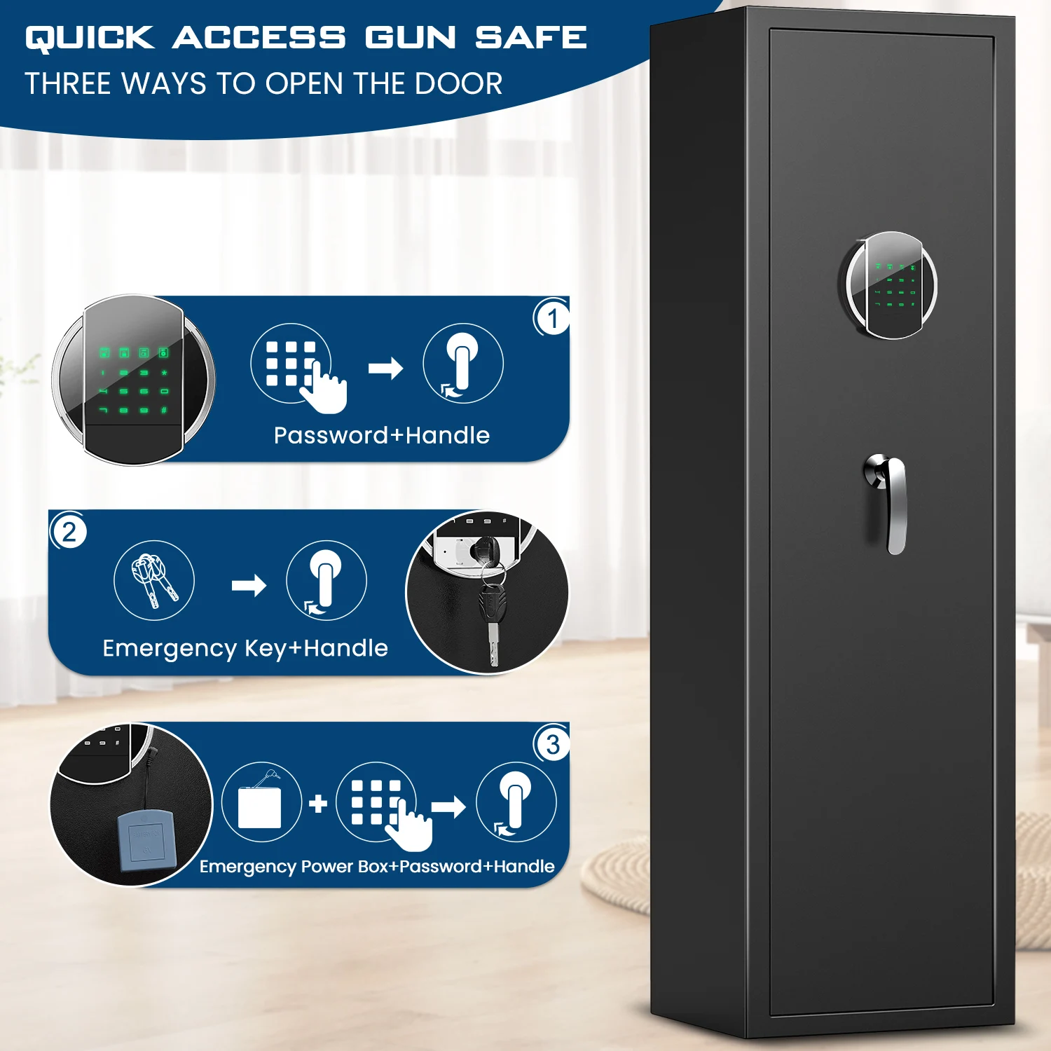 Kavey Quick Access 5 Rifle Gun Safe with Silent Mode and 2 Adjustable Shelves, Gun Cabinet with 3 Adjustable Gun Slots