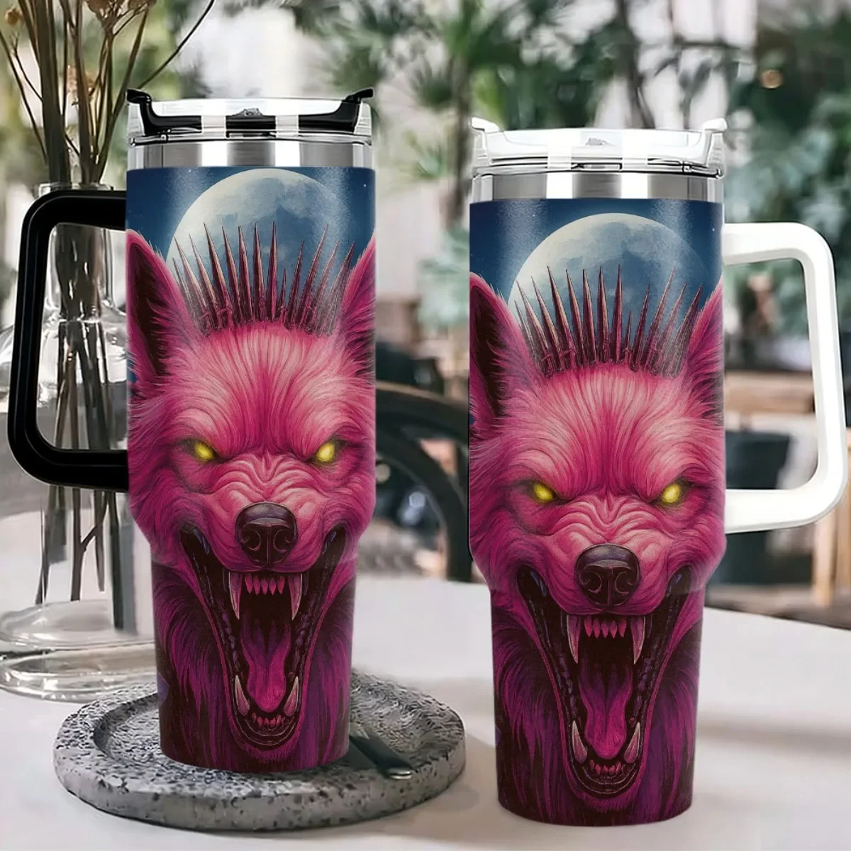 40oz Pink Cyber Wolf Moon Tumbler With Handle Straw Lid, Double Wall Vacuum Insulated Stainless Steel Travel Mug, Punk Mechanical Wolf Print Cup For Car Outdoor Pink handle out of stock. White will be sent by default upon order.